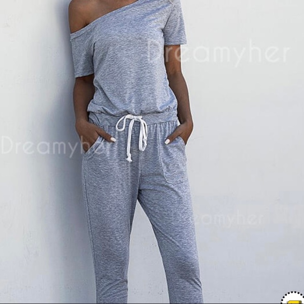 Gray, off-shoulder jumper